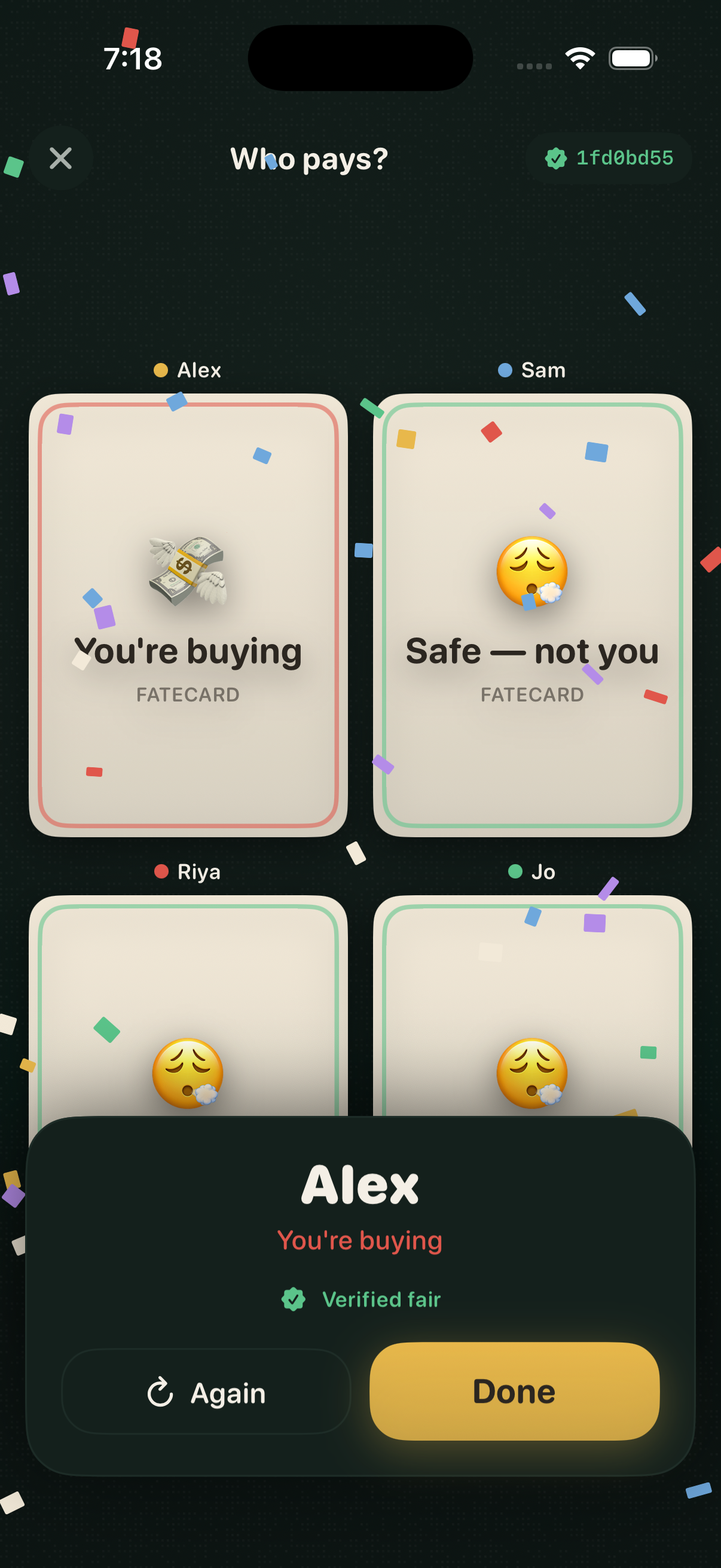 FateCard result screen for “Who pays?”: Alex's card reads “You're buying” amid confetti, with a green Verified fair badge and the commitment hash 1fd0bd55