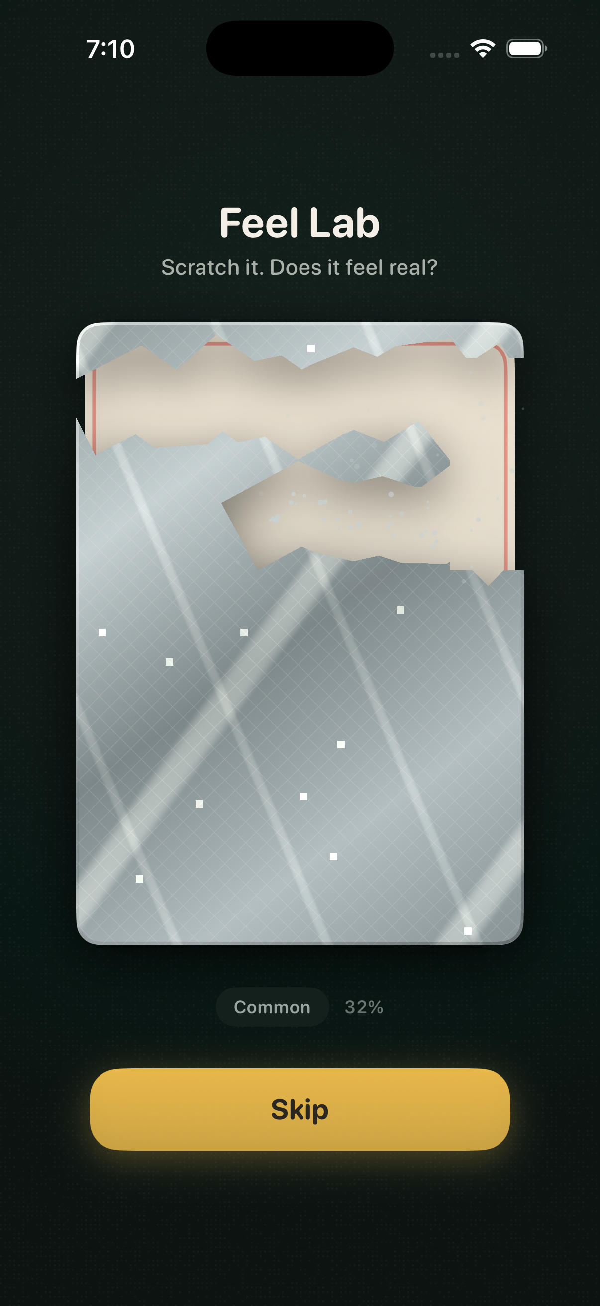FateCard scratch screen: a metallic silver foil card partially scratched away with a fingertip, revealing cardstock underneath